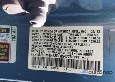2013 Honda Cr-V Lx from USA, damaged, VIN 5J6RM4H33DL054778